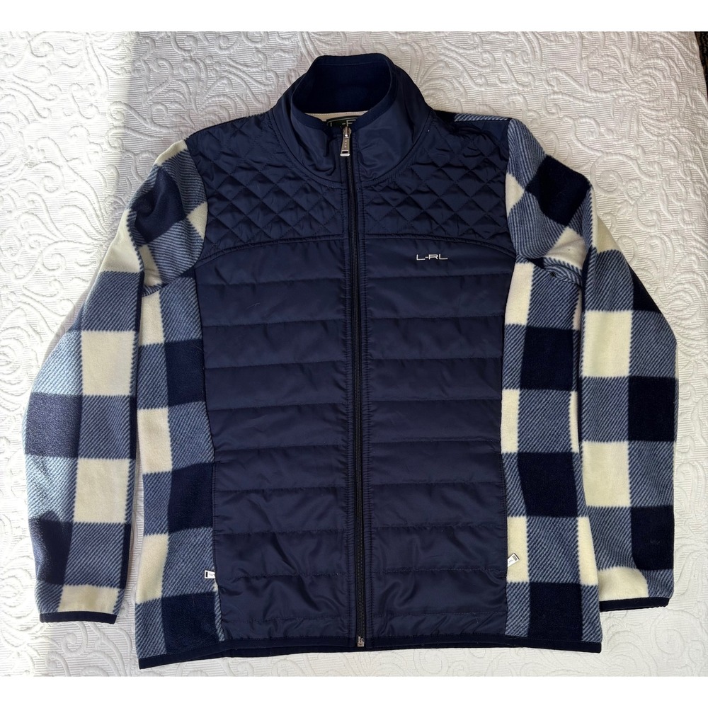 L-RL Lauren Active‎ Quilted Hybrid Puffer Fleece Jacket Blue Plaid Women's M / L